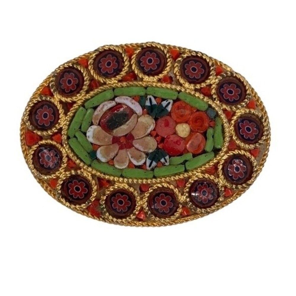 Italian Floral Micro Mosaic Oval Brooch with Safety Pin Clasp Vintage